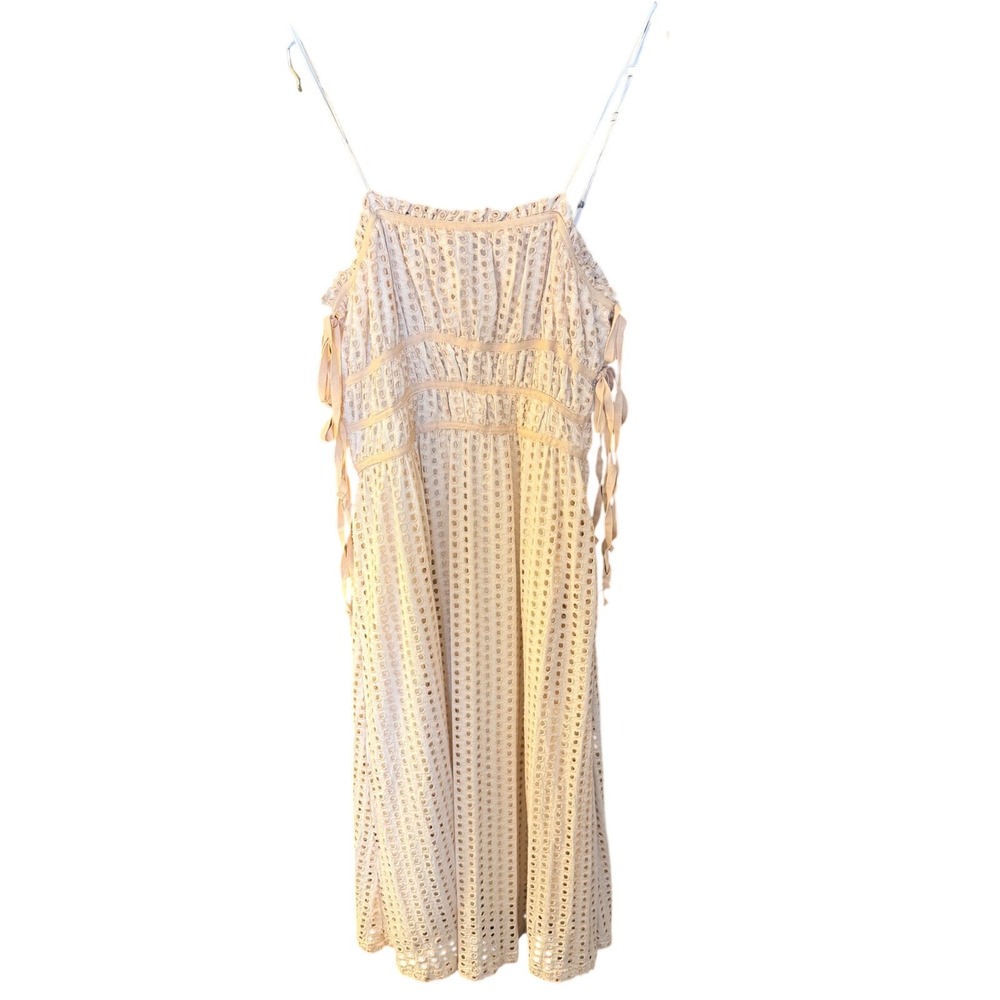 BTFL-life Women Cream‎ Eyelet Midi Dress Side Tie Cottagecore Small Cotton Beige